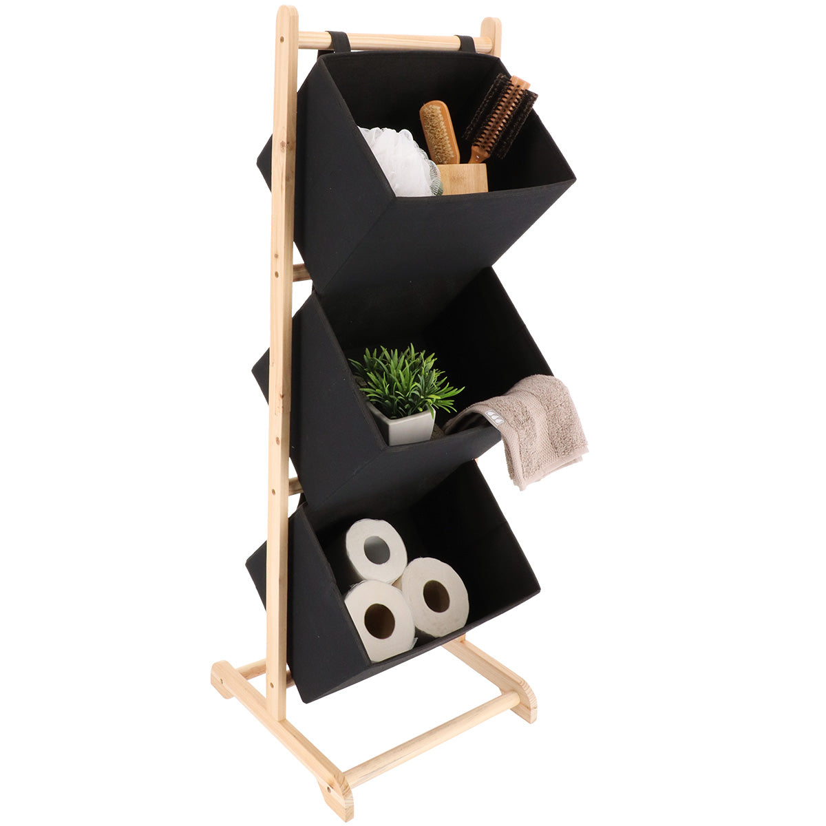 Mobilier baie din lemn de brad cu 3 coșuri din poliester – Natural/Negru