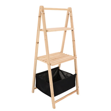 Mobilier baie din lemn de brad cu 2 rafturi și 1 coș din poliester – Natural/Negru