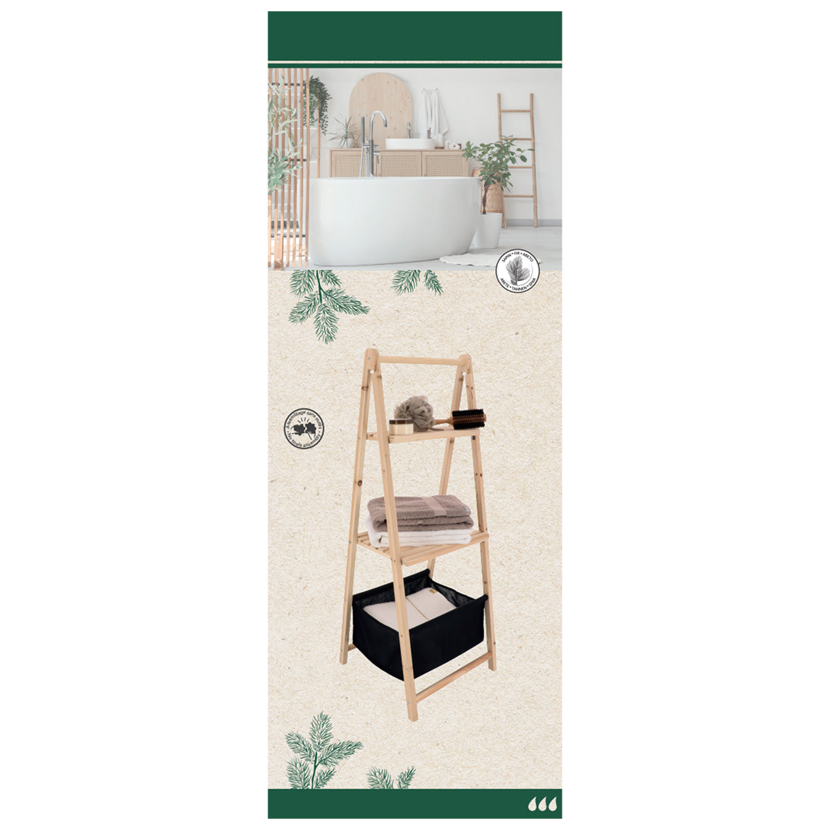 Mobilier baie din lemn de brad cu 2 rafturi și 1 coș din poliester – Natural/Negru