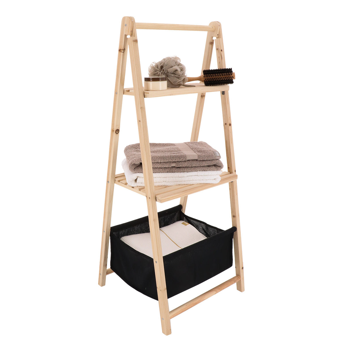 Mobilier baie din lemn de brad cu 2 rafturi și 1 coș din poliester – Natural/Negru