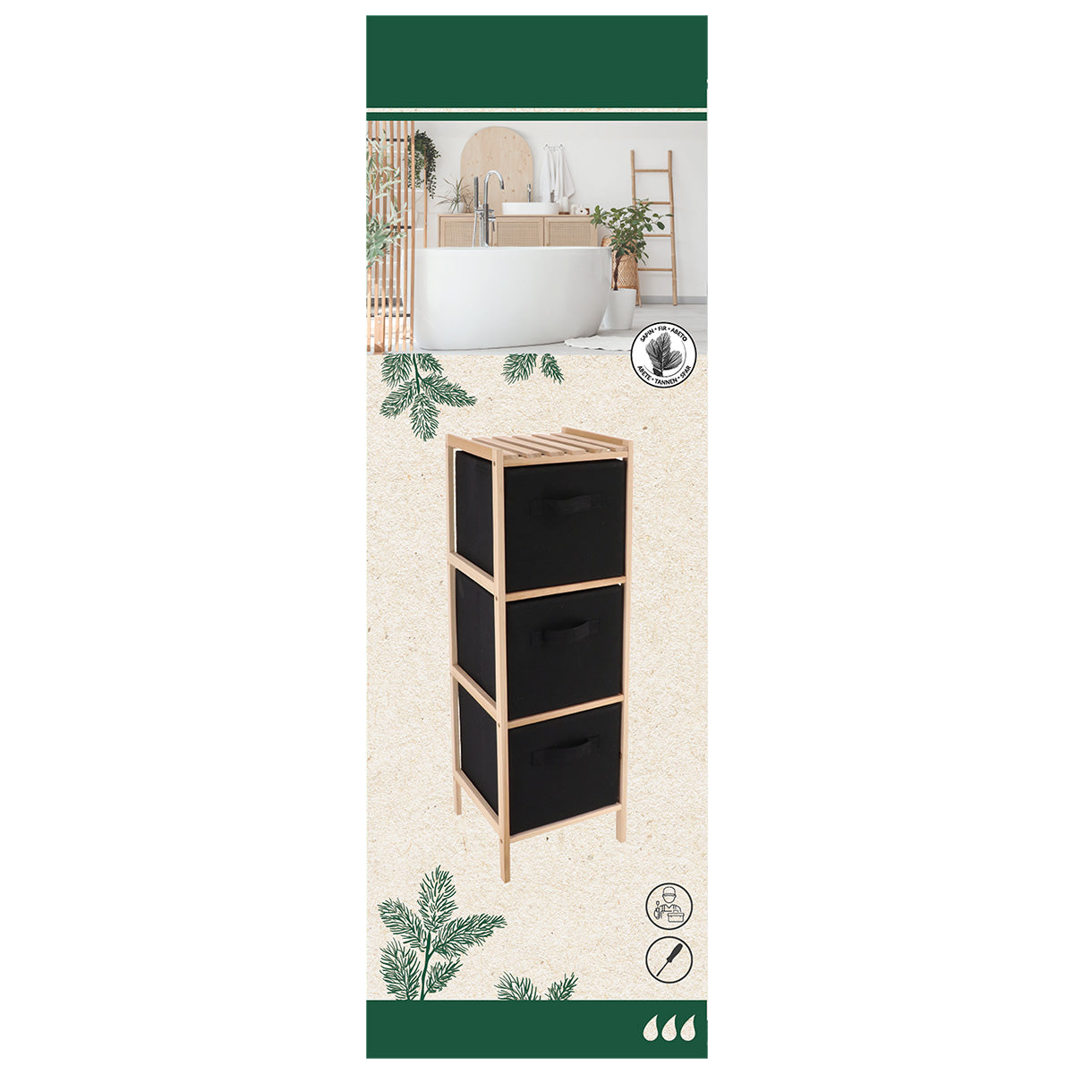 Mobilier baie din lemn de brad cu 3 coșuri din poliester – Natural/Negru