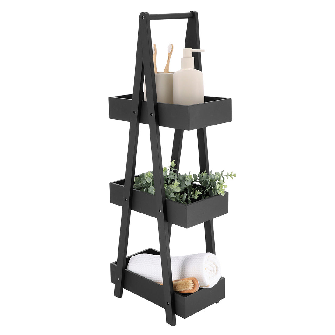 Etajeră cu 3 niveluri din MDF și bambus – Negru