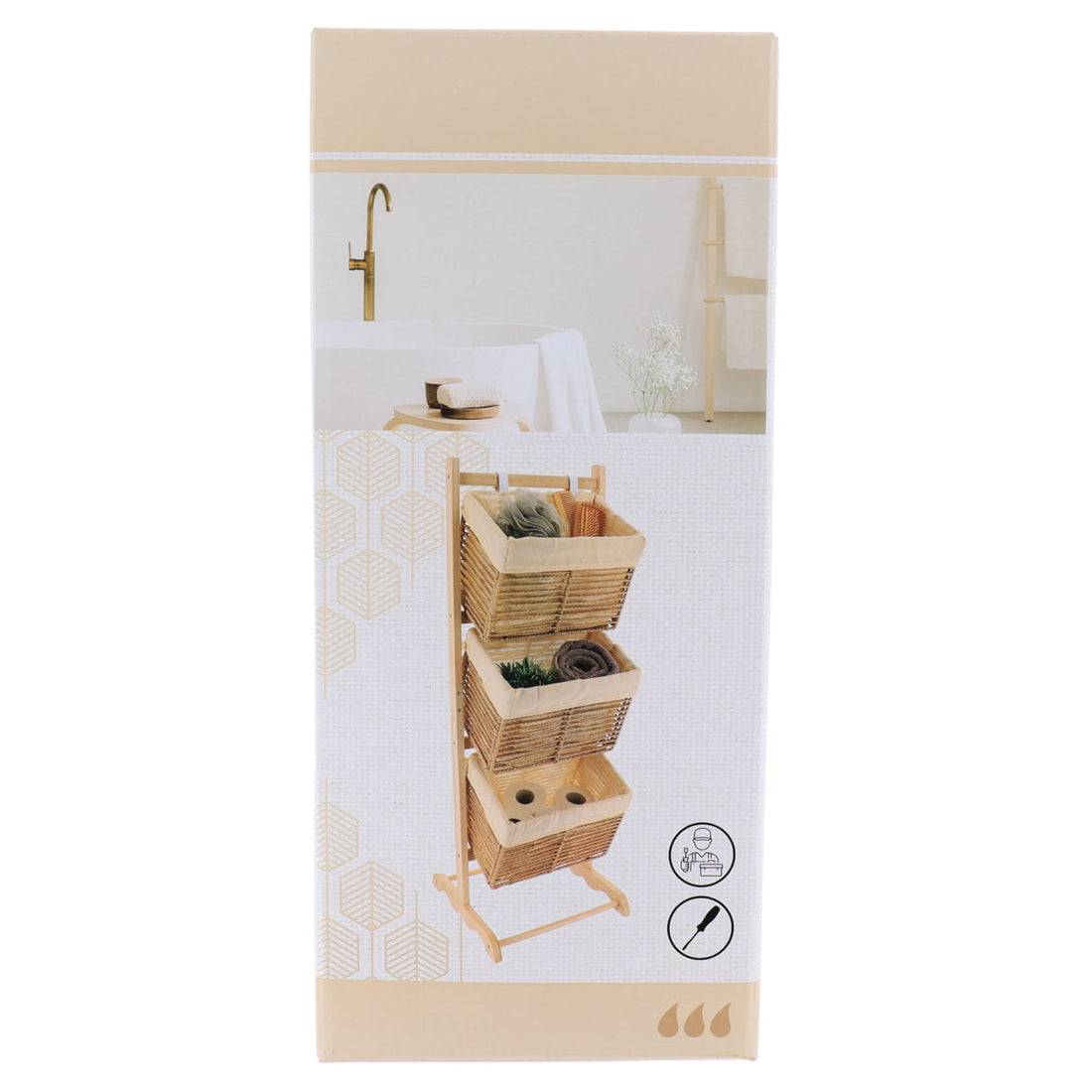 Mobilier baie din lemn de paulownia cu 3 coșuri pliabile din sfoară – Natural