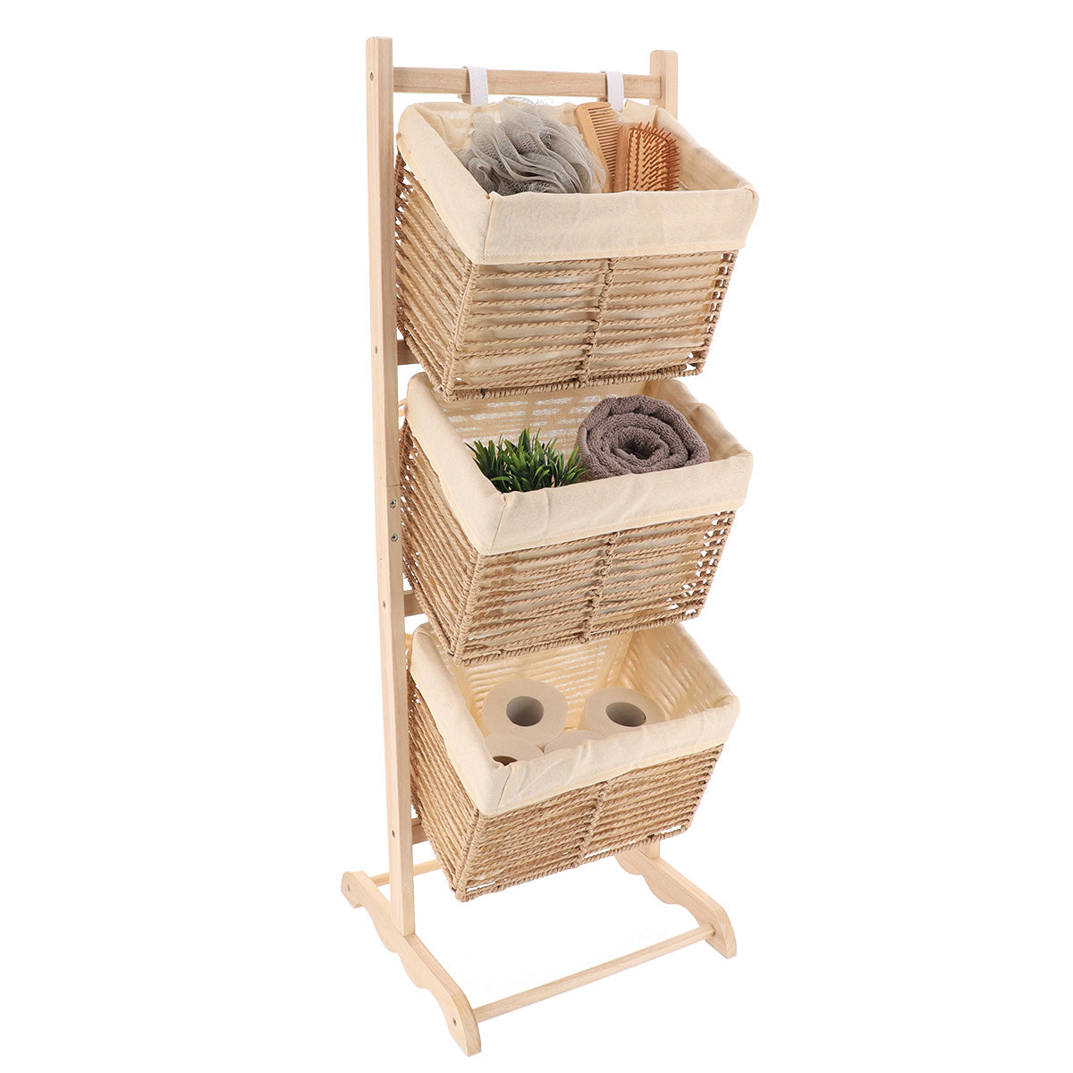 Mobilier baie din lemn de paulownia cu 3 coșuri pliabile din sfoară – Natural