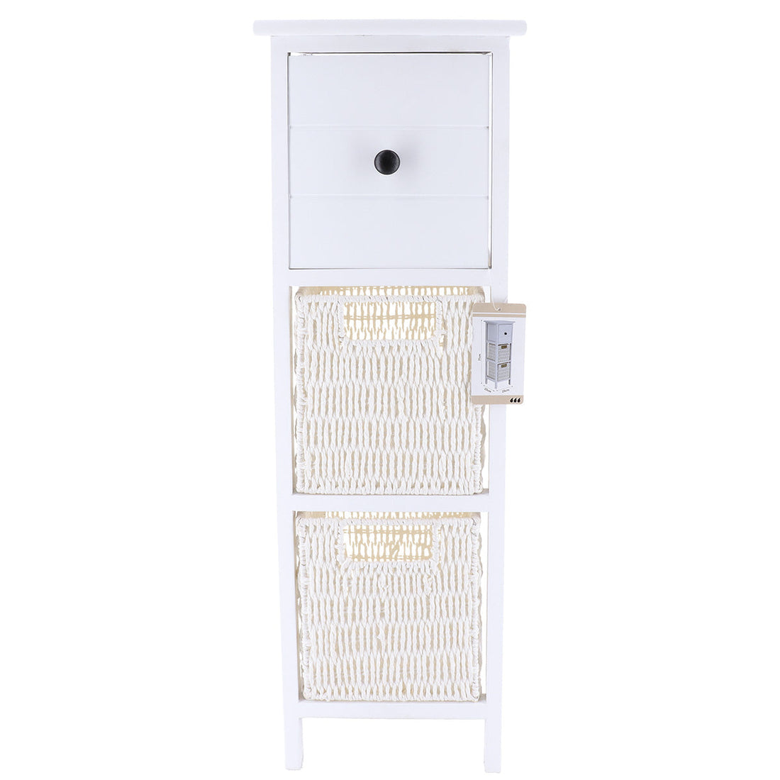 Comodă din MDF și Lemn Paulownia cu 1 Sertar și 2 Coșuri din Hârtie – Alb