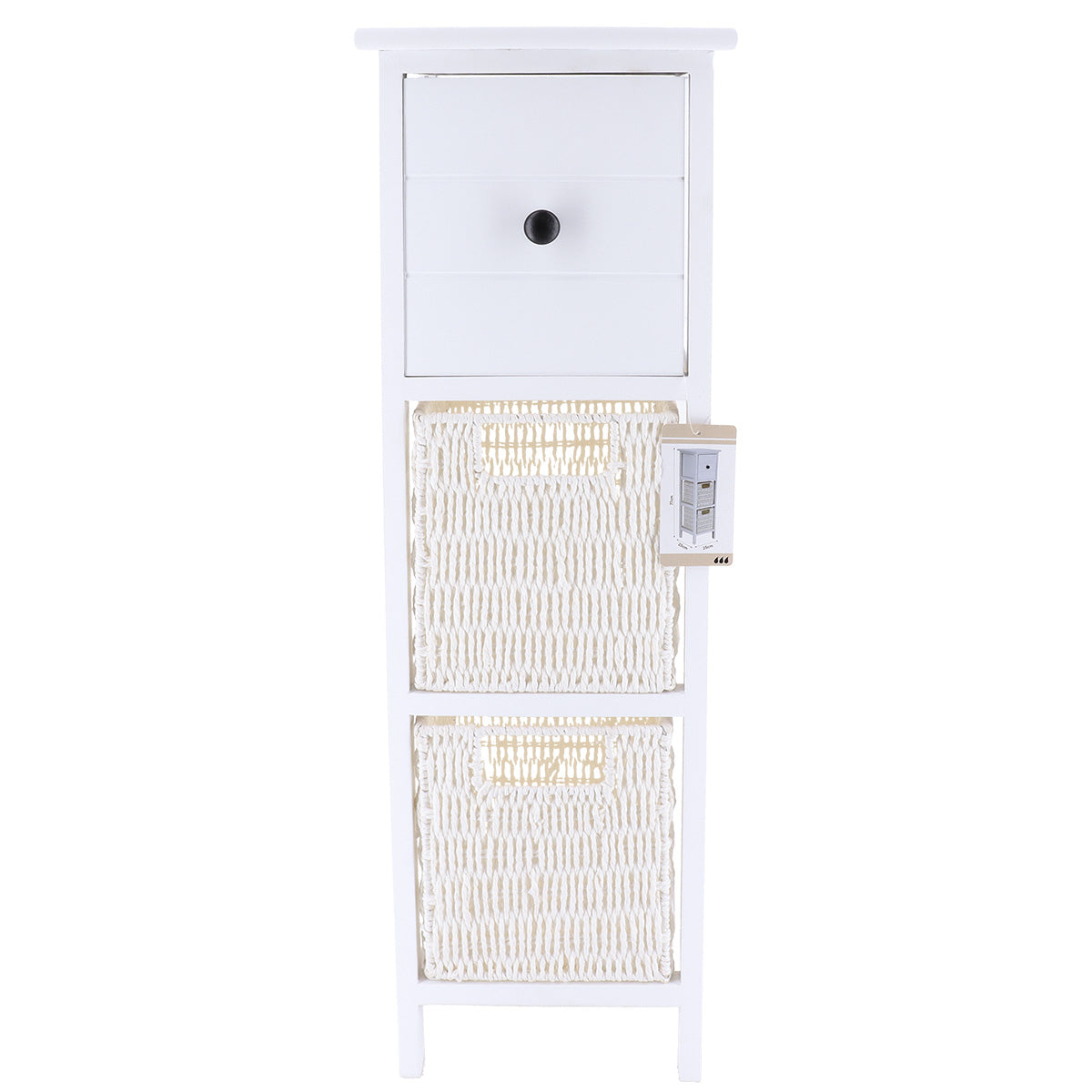 Comodă din MDF și Lemn Paulownia cu 1 Sertar și 2 Coșuri din Hârtie – Alb