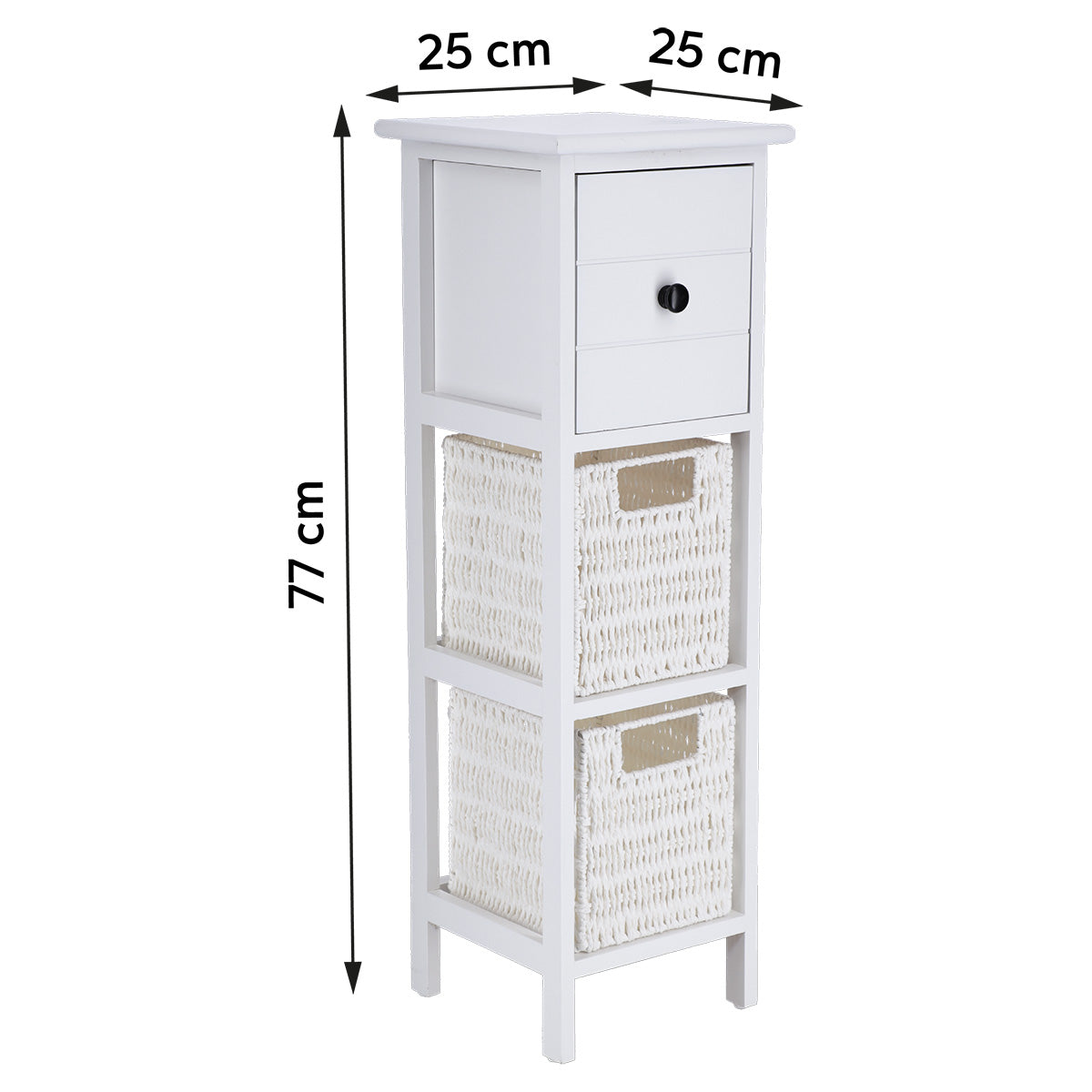 Comodă din MDF și Lemn Paulownia cu 1 Sertar și 2 Coșuri din Hârtie – Alb