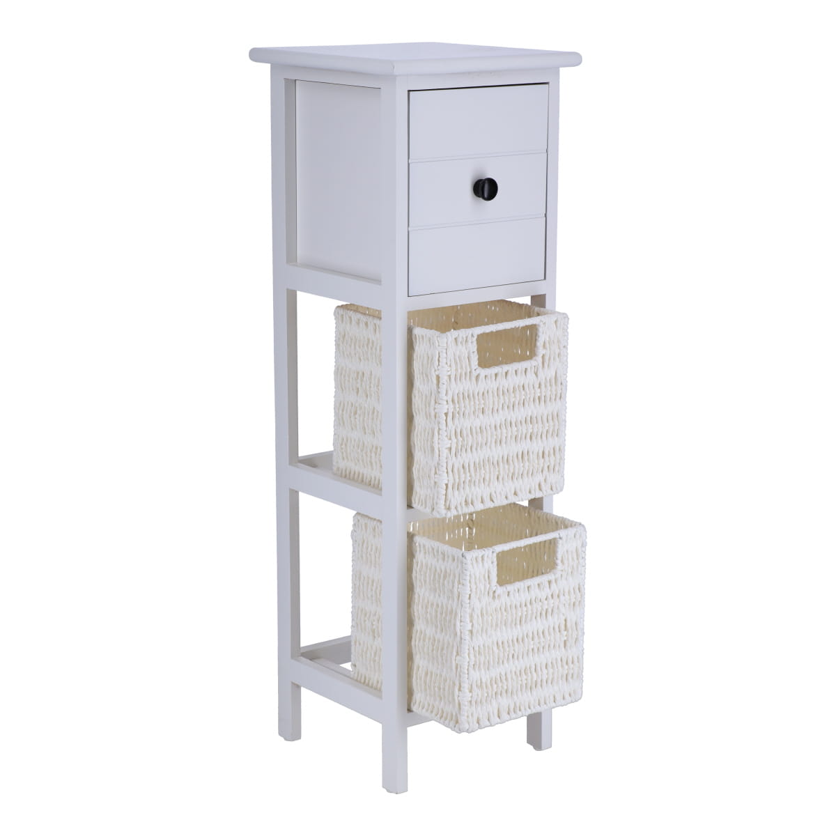 Comodă din MDF și Lemn Paulownia cu 1 Sertar și 2 Coșuri din Hârtie – Alb