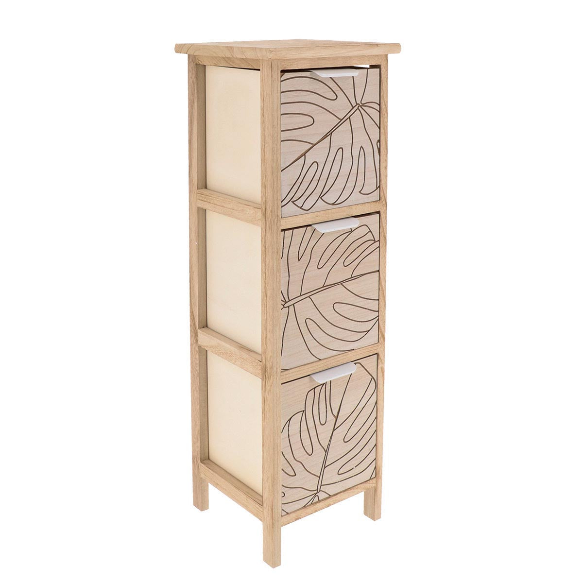 Comodă MDF și Lemn Paulownia cu 3 Sertare Gravate și Mânere Metalice – Alb/Natural