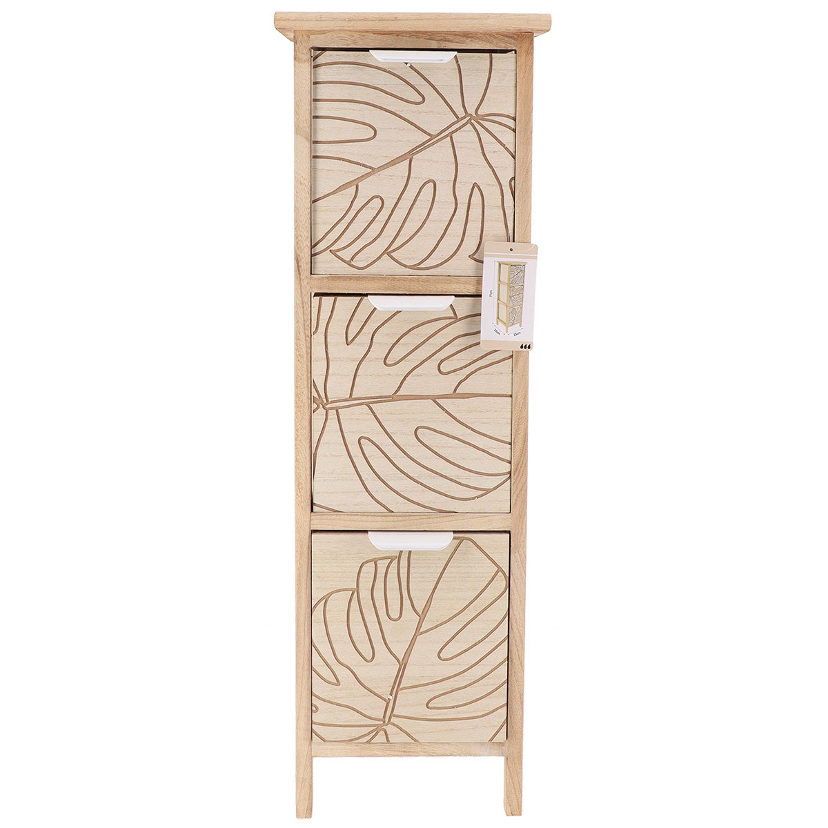 Comodă MDF și Lemn Paulownia cu 3 Sertare Gravate și Mânere Metalice – Alb/Natural