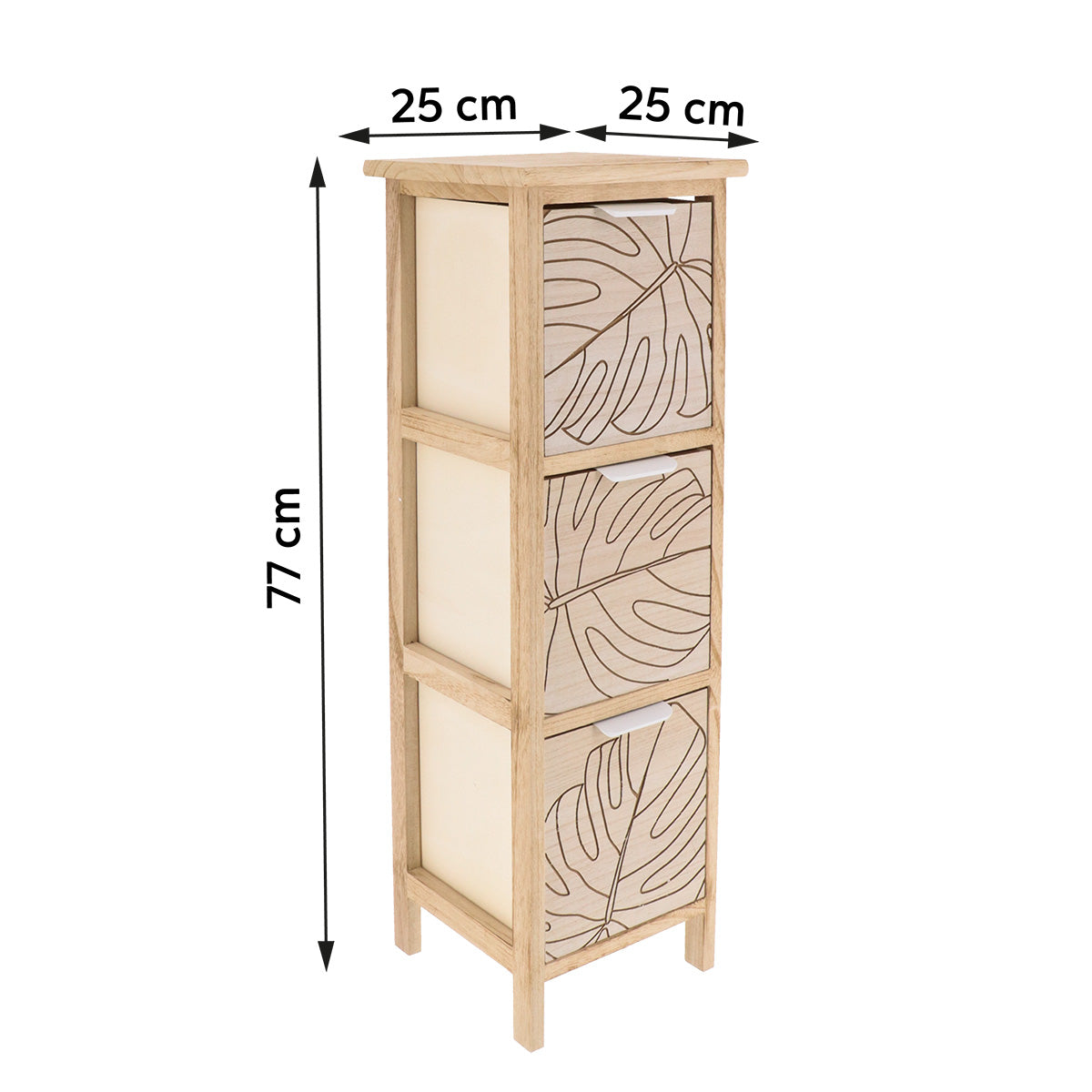 Comodă MDF și Lemn Paulownia cu 3 Sertare Gravate și Mânere Metalice – Alb/Natural