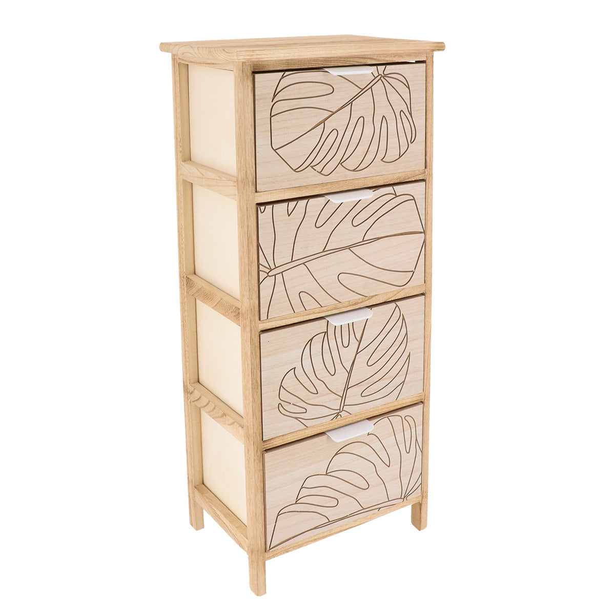 Comodă MDF și Lemn Paulownia cu 4 Sertare Gravate și Mânere Metalice – AlbNatural