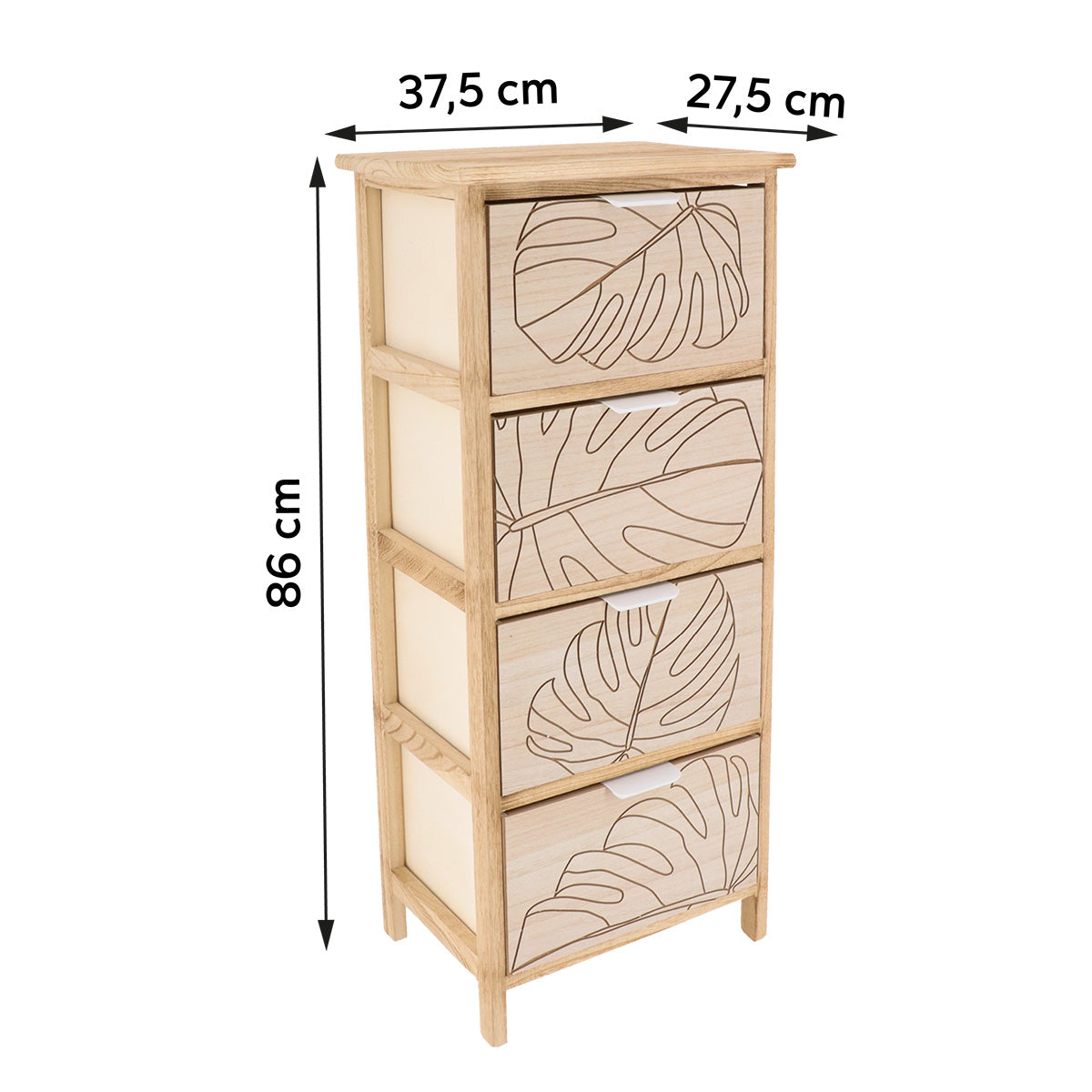 Comodă MDF și Lemn Paulownia cu 4 Sertare Gravate și Mânere Metalice – AlbNatural