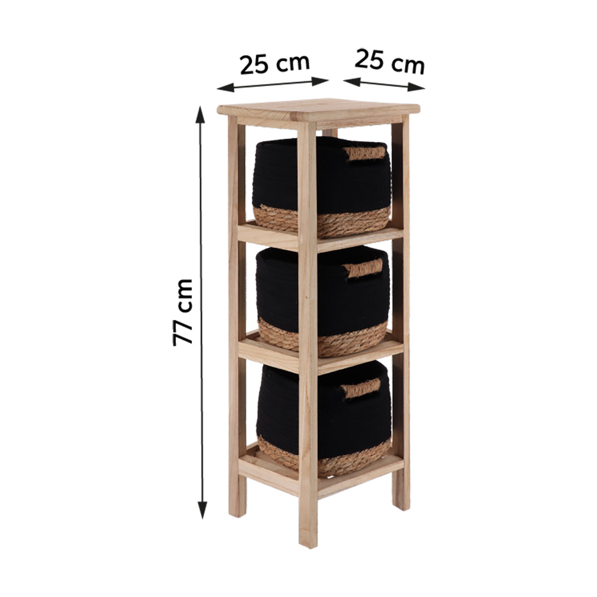 Comodă din Lemn Paulownia cu 3 Sertare din Iarbă de Mare și Bumbac – NaturalNegru