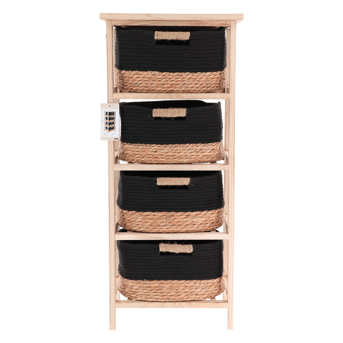 Comodă din Lemn Paulownia cu 4 Sertare din Iarbă de Mare și Bumbac – NaturalNegru