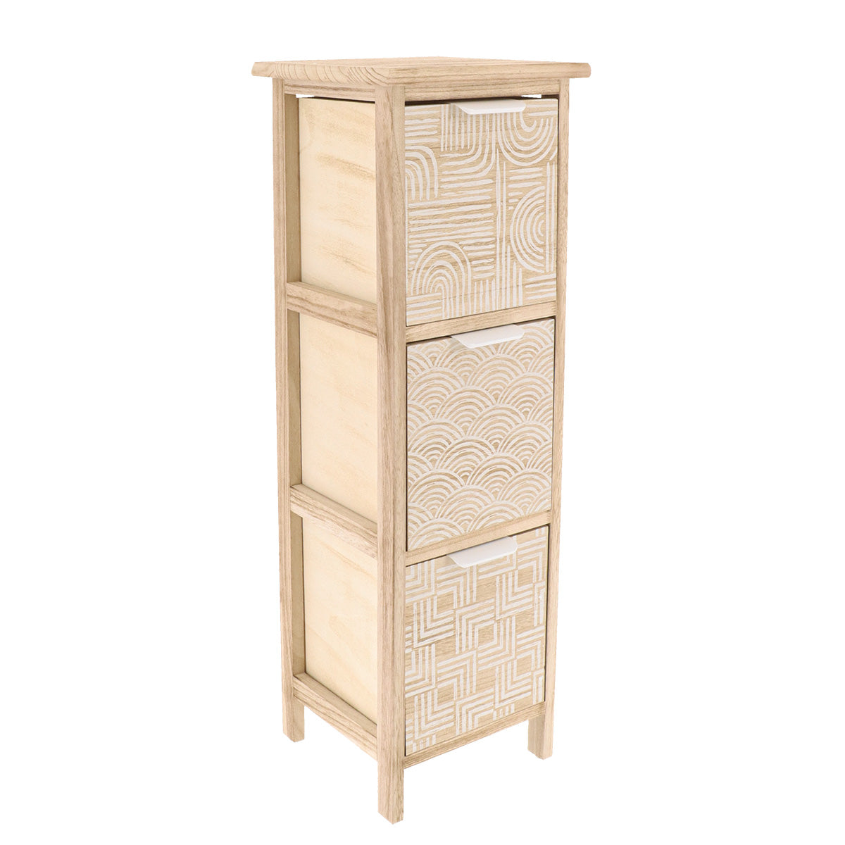 Comodă din MDF Imprimat și Lemn Paulownia cu 3 Sertare și Mânere Metalice – Natural/Alb