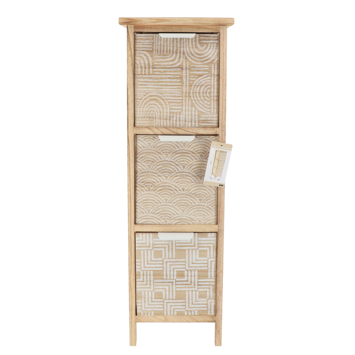 Comodă din MDF Imprimat și Lemn Paulownia cu 3 Sertare și Mânere Metalice – Natural/Alb