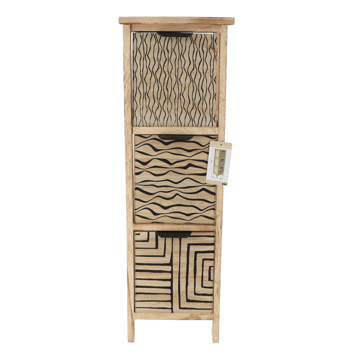 Comodă din MDF Imprimat și Lemn Paulownia cu 3 Sertare și Mânere Metalice – Natural/Negru