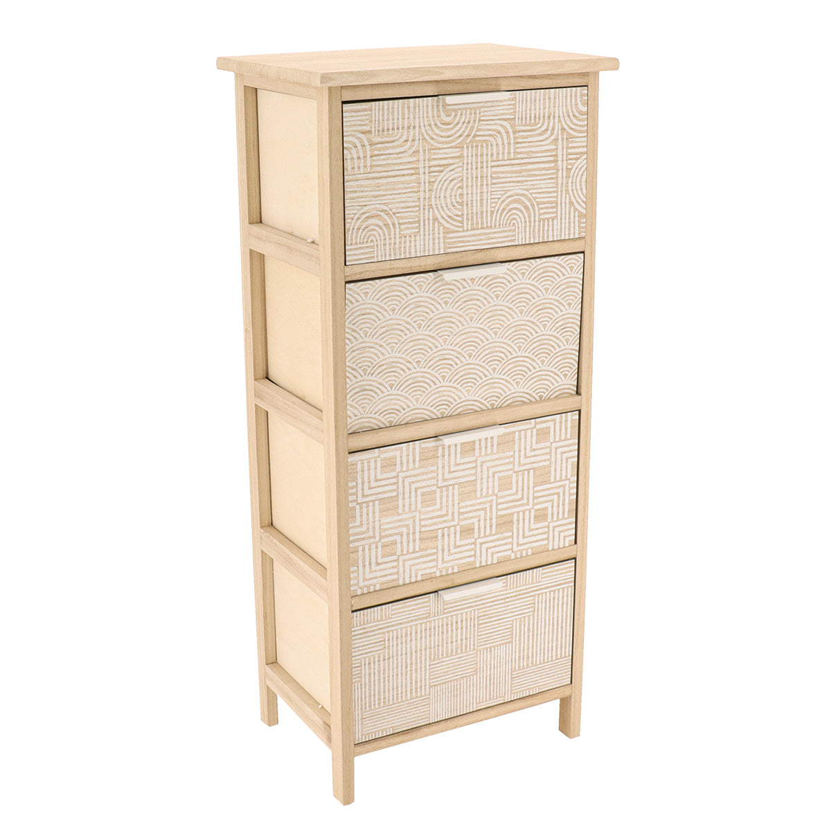 Comodă din MDF Imprimat și Lemn Paulownia cu 4 Sertare și Mânere Metalice – Natural/Alb