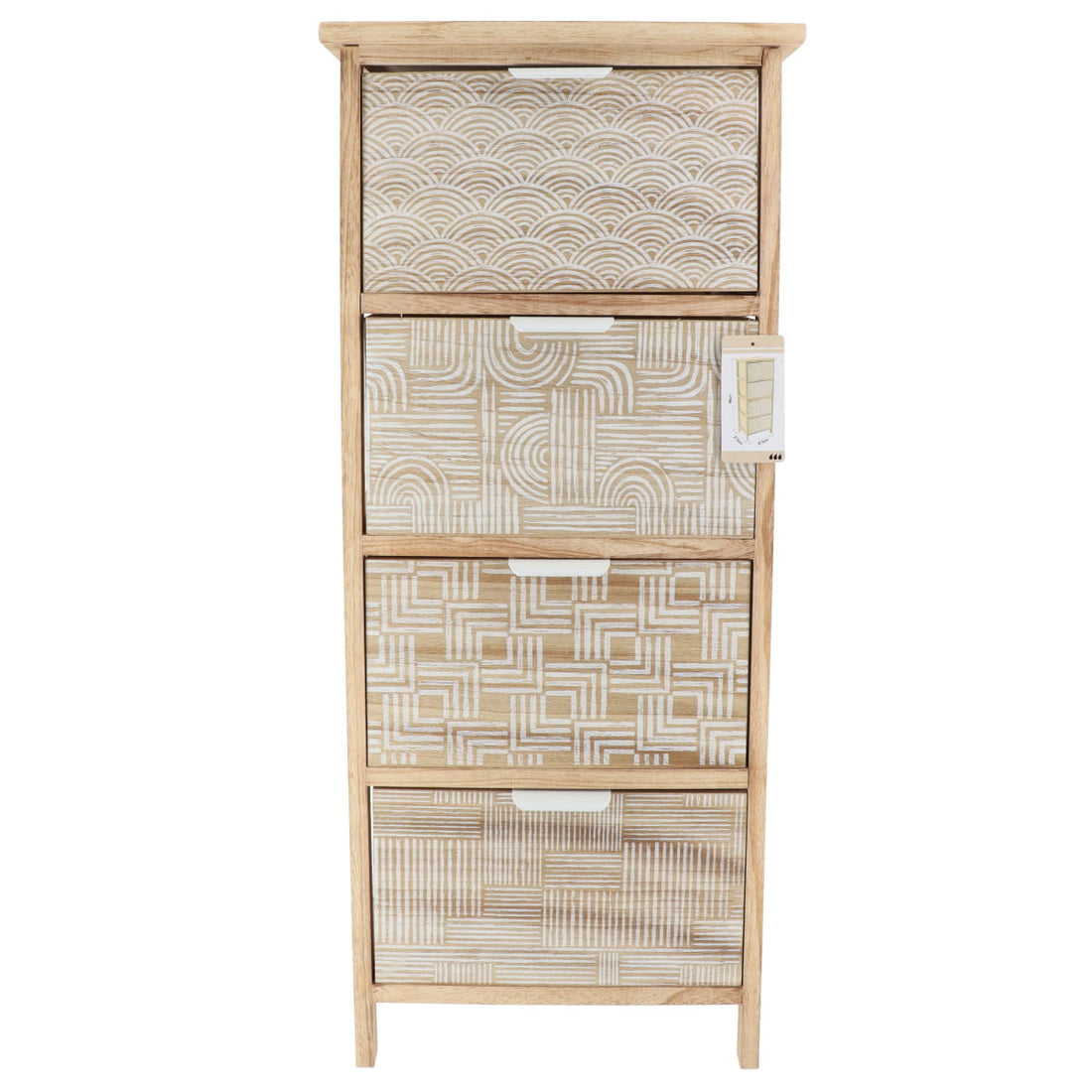 Comodă din MDF Imprimat și Lemn Paulownia cu 4 Sertare și Mânere Metalice – Natural/Alb