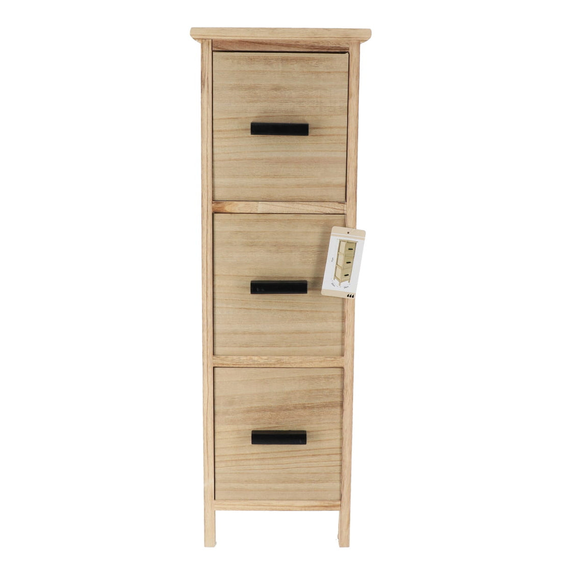 Comodă din MDF și Lemn Paulownia cu 3 Sertare și Mânere Negre – Natural