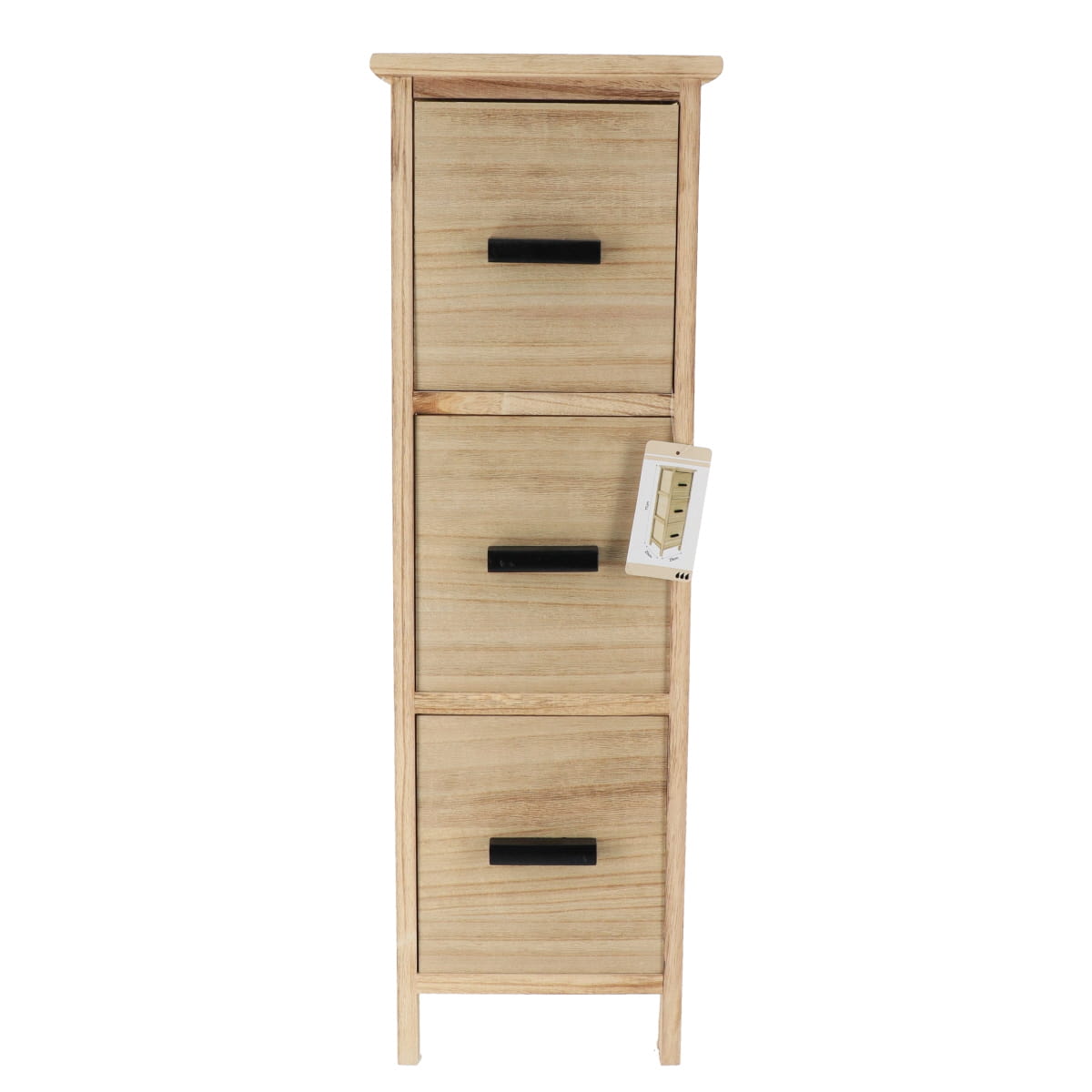 Comodă din MDF și Lemn Paulownia cu 3 Sertare și Mânere Negre – Natural