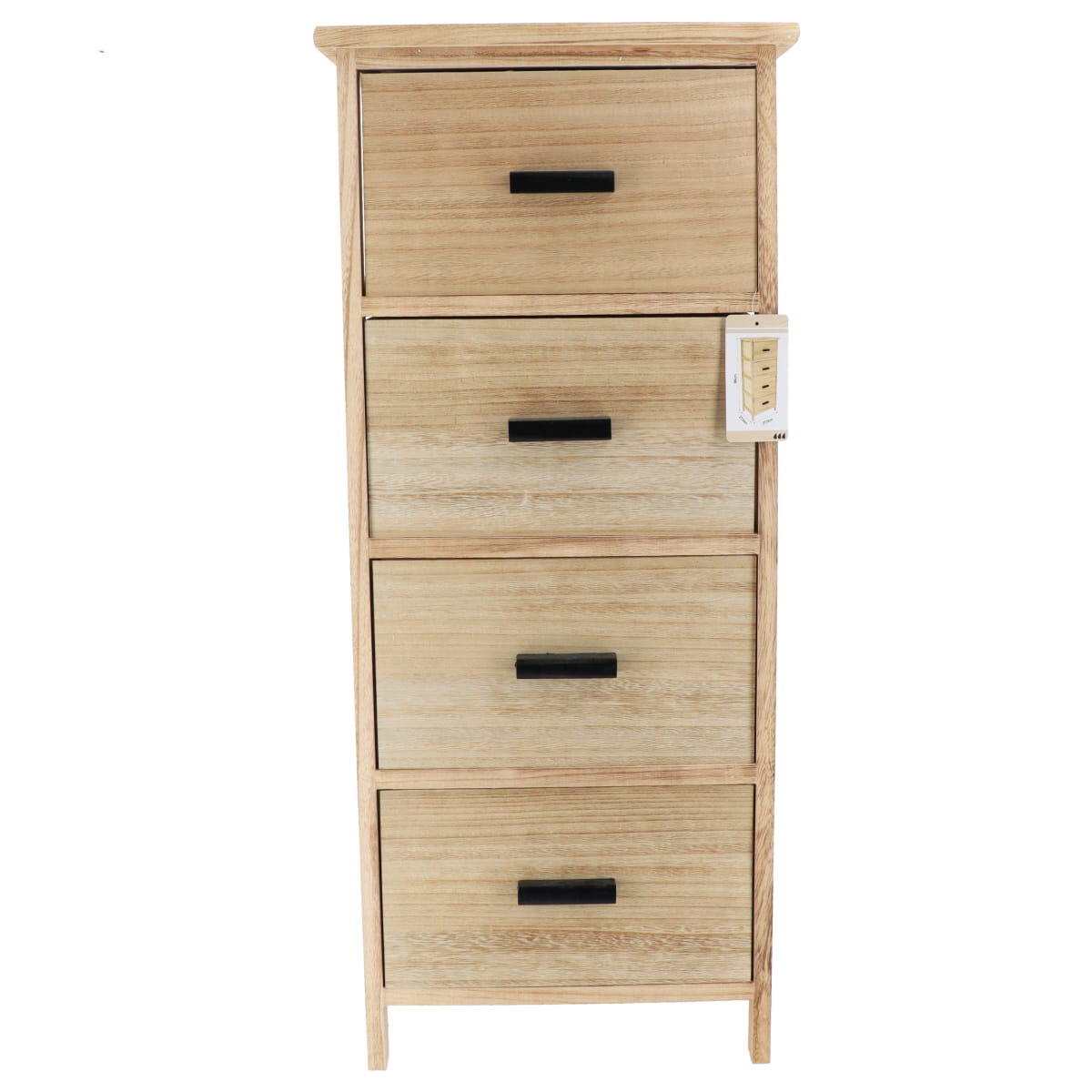 Comodă din MDF și Lemn Paulownia cu 4 Sertare și Mânere Negre – Natural