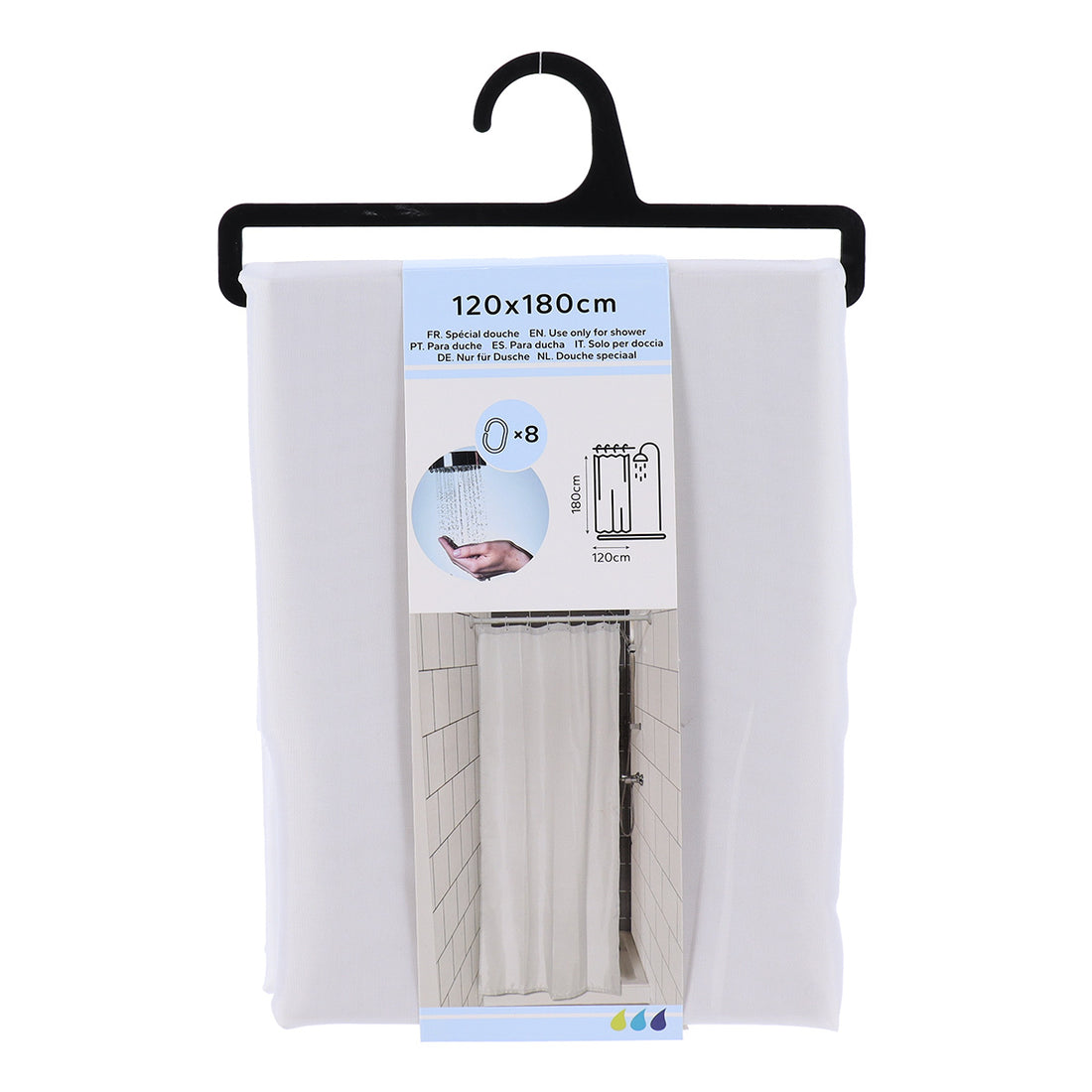 Draperie de Duș Albă din Poliester 100% – 120x180 cm cu 8 Inele de Prindere