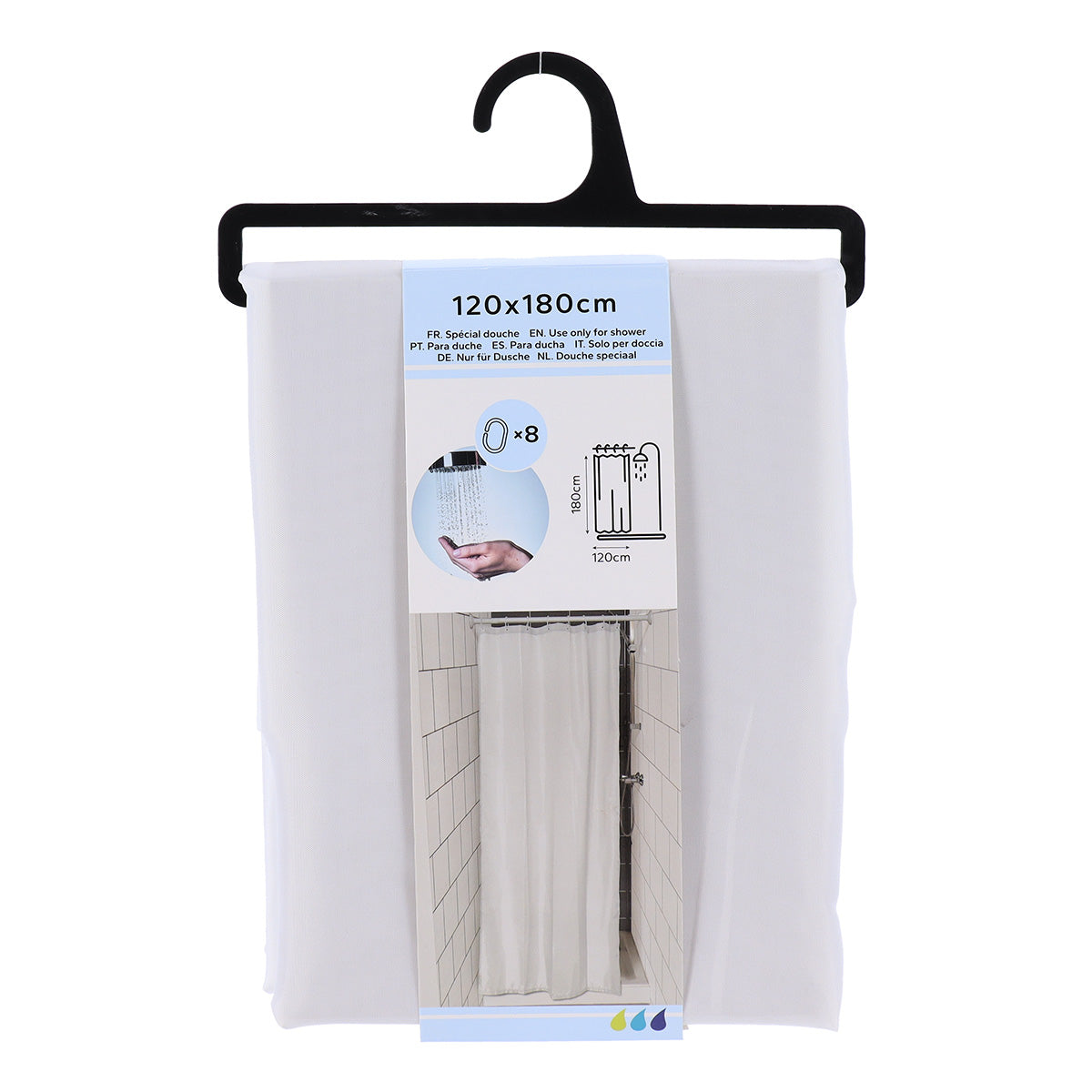 Draperie de Duș Albă din Poliester 100% – 120x180 cm cu 8 Inele de Prindere