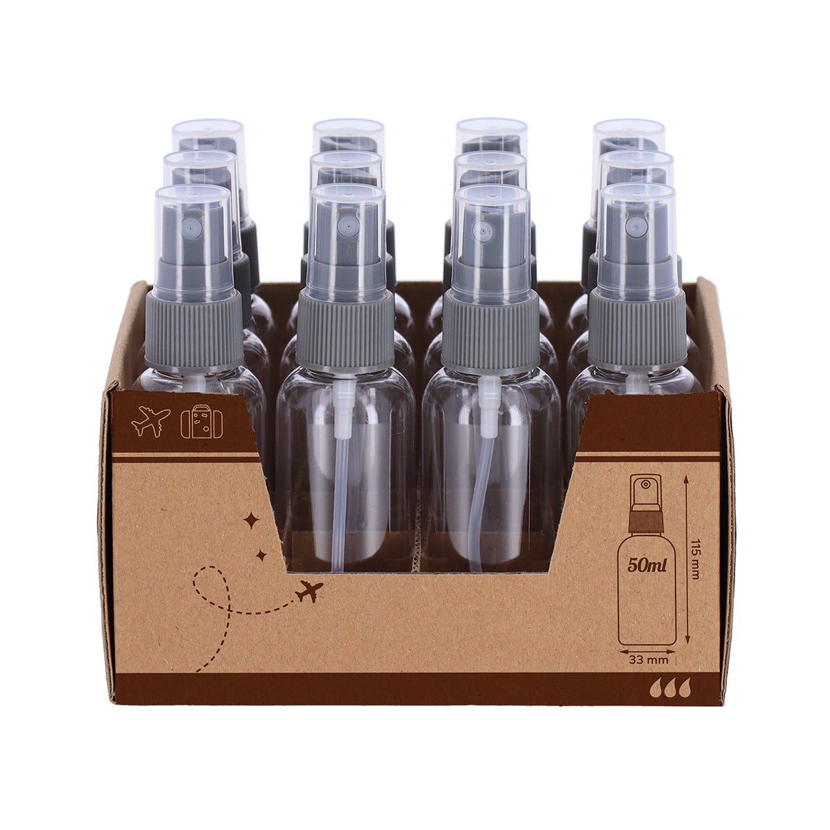Set cu 12 Sticle de Plastic 50 ml cu Pompă de Pulverizare - Transparent