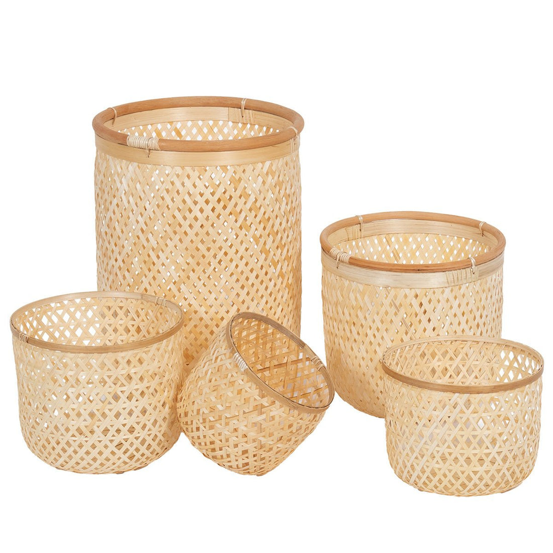 Set 5 Coșuri Rotunde Pentru Rufe Din Ratan Și Bambus - Natural - Set coșuri - Softambient