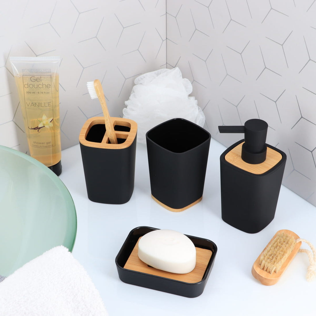 Set Baie Negru / Bambus - Set baie - Softambient